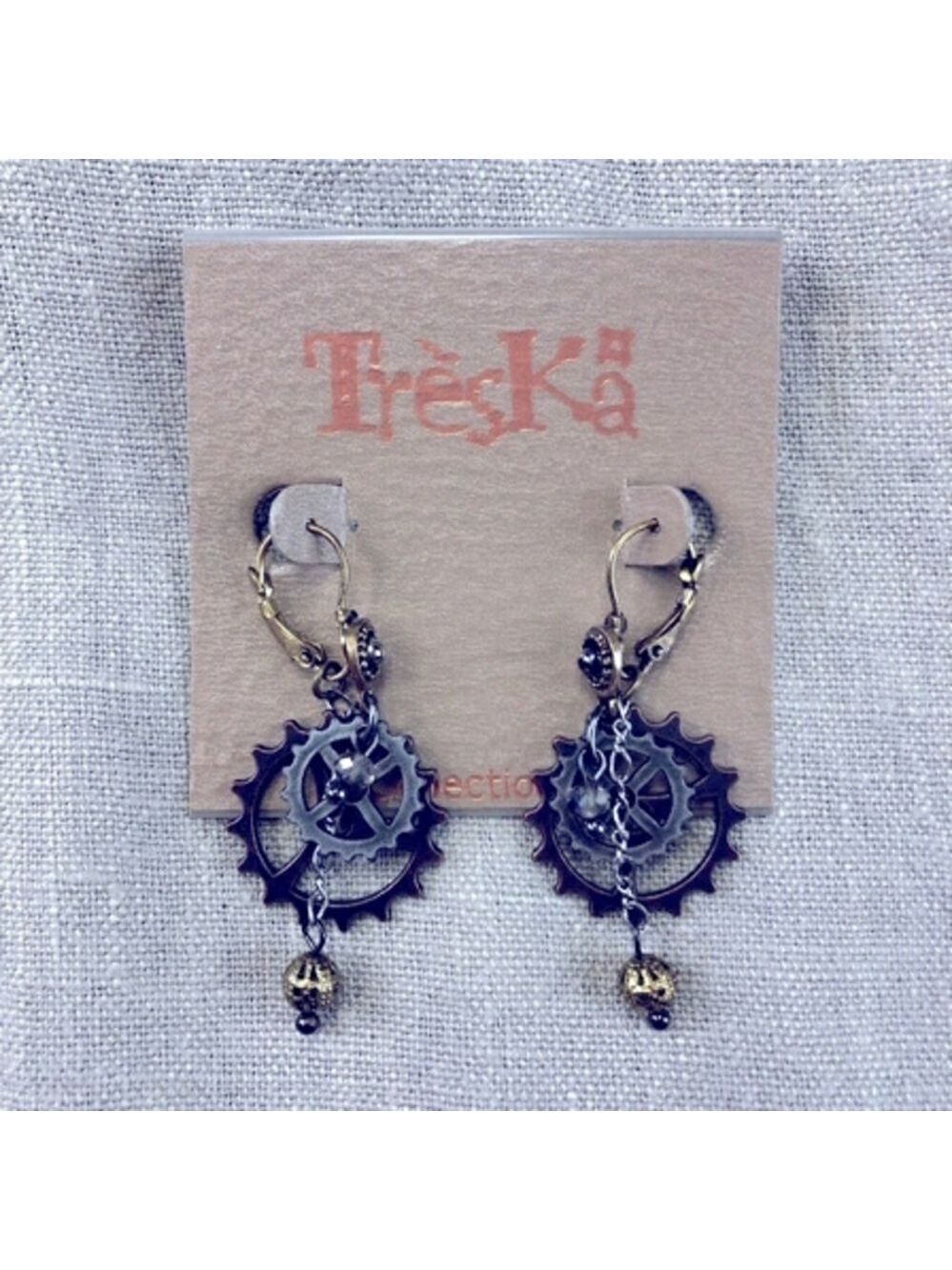 TRESKA steampunk mixed metal gears earring New